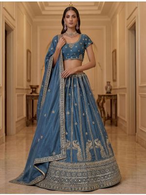 Teal Blue Art Silk Semi Stitched Lehenga Choli small FABLE20596
