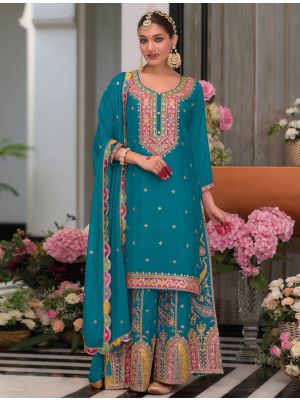 Teal Blue Chinon Ready To Wear Palazzo Suit In XL small FABSL22126