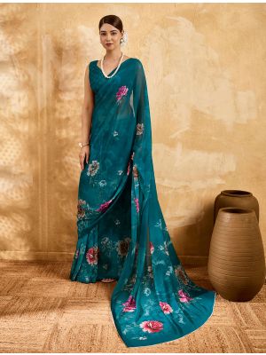 Teal Blue Floral Print Georgette Saree