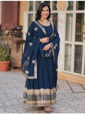 teal blue georgette anarkali gown with dupatta fabgo20352
