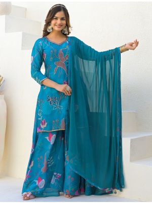 Teal Blue Imported Georgette Ready To Wear Palazzo Suit swatch FABSL22183