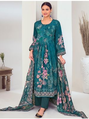 Teal Blue Muslin Embroidered Ready To Wear Salwar Kameez FABSL22246