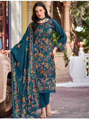 Teal Blue Muslin Floral Printed Ready To Wear Salwar Kameez FABSL22220