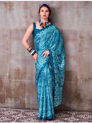 Teal Blue Satin Silk Party Wear Saree