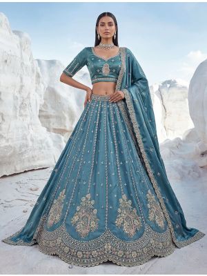 Teal Blue Satin Silk Wedding Lehenga with Intricate Embroidery small FABLE20588