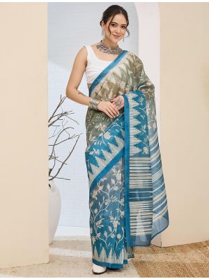 Teal Blue Silk Blend Printed Ready To Wear Saree