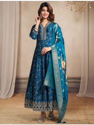 Teal Blue Silk Full Length Flared Readymade Salwar Kameez FABSL22043