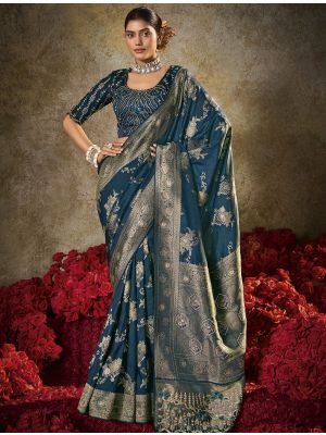 Teal Blue Soft Silk Embroidered Saree With Diamond Work