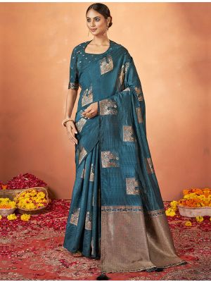 Teal Blue Tussar Silk Festive Wear Woven Saree
