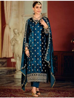 Teal Blue Velvet Designer Salwar Kameez With Zardosi Work FABSL22336