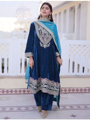 Teal Blue Velvet Embroidered Ready To Wear Salwar Kameez FABSL22375