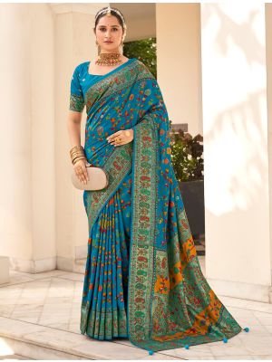 Teal Blue Velvet Tussar Silk Ethnic Saree
