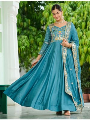 teal blue vichitra silk flared gown with dupatta fabgo20413