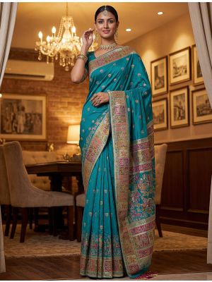 Teal Blue Virana Silk Saree Adorned With Traditional Motifs