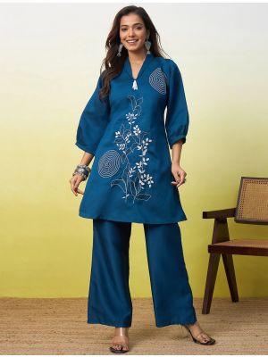 teal blue viscose rayon embroidered co ord set fabku21314