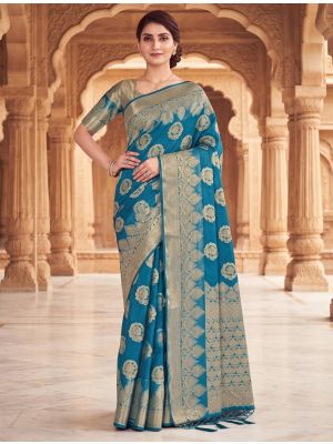 Teal Blue Viscose Silk Saree With Woven Zari Work
