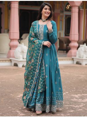 teal chinon flared anarkali gown with dupatta fabgo20319