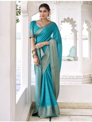 Teal Chinon Saree With Woven Zari Work