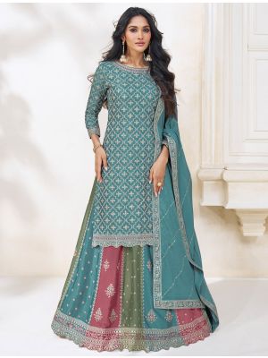 Teal Chinon Semi Stitched Embroidered Lehenga Suit thumbnail FABSL21750