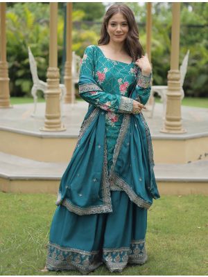 Teal Chinon Sequined Readymade Palazzo Suit FABSL21994