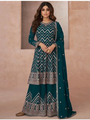 Teal Georgette Semi Stitched Embroidered Palazzo Suit small FABSL21622
