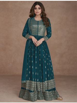 Teal Georgette Semi Stitched Sequined Palazzo Suit small FABSL21626