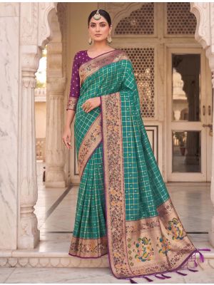 Teal Green Banarasi Art Silk Saree With Golden Zari Work