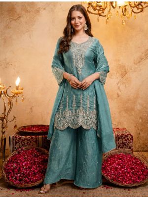 Teal Green Fendy Silk Embroidered Ready To Wear Salwar Kameez swatch FABSL22573