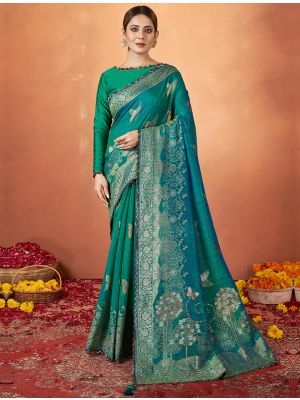 Teal Green Kanjivaram Silk Festive Wear Woven Saree