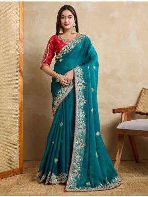 Teal Green Poly Chiffon Embroidered Saree