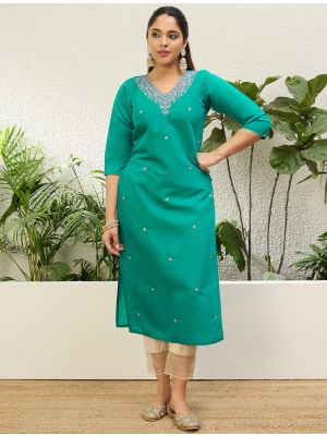 teal green silk blend embroidered kurti fabku21223
