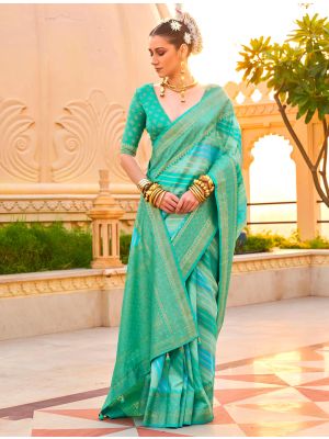 Teal Green Silk Saree With Woven Work And Digital Print