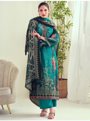 Teal Muslin Printed Salwar Kameez With Thread Work small FABSL21640