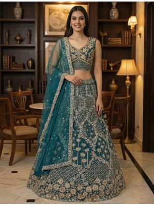 Teal Premium Net Embellished Wedding Lehenga small FABLE20558