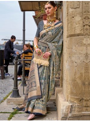 Teal Printed Silk Party Wear Saree With Woven Zari