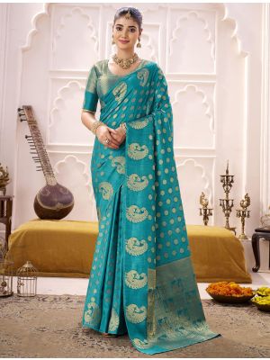 Teal Roop Silk Saree With Woven Zari Work