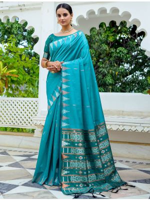 Teal Tussar Silk Saree With Silver And Copper Zari Weaves