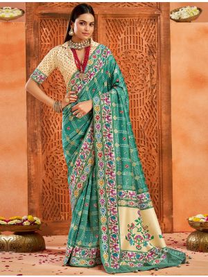Teal Velvet Tussar Silk Saree With Paithani Pallu