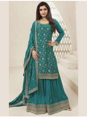 Teal Viscose Chinon Semi Stitched Sharara Suit small FABSL21687