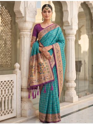 Turquoise Blue Banarasi Art Silk Saree With Golden Zari Work