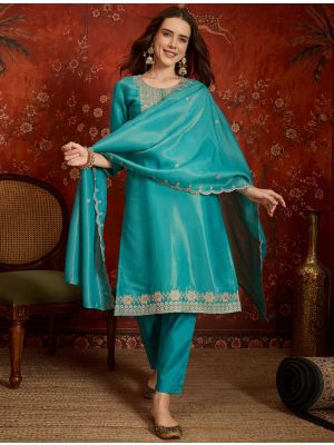 Turquoise Blue Silk Blend Embroidered Ready To Wear Salwar Kameez FABSL22604