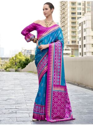 Turquoise Blue Silk Contemporary Saree With Temple Border