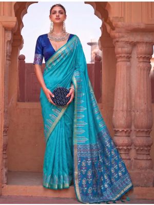 Turquoise Blue Soft Art Silk Traditional Saree With Zari Work