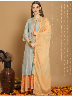 Turquoise Chanderi Silk Semi Stitched Salwar Suit small FABSL21729
