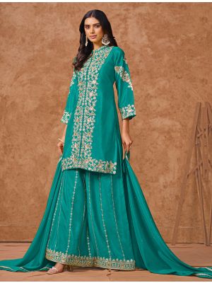 Turquoise Chinon Semi Stitched Palazzo Suit small FABSL22129