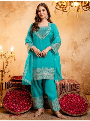 Turquoise Crunchy Silk Embroidered Ready To Wear Salwar Kameez swatch FABSL22578