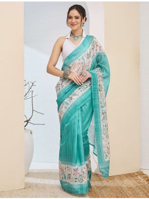 Turquoise Green Silk Blend Printed Ready To Wear Saree