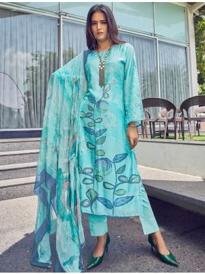 Turquoise Muslin Digital Printed Elegant Salwar Kameez small FABSL22023