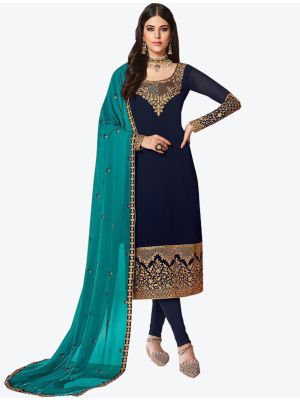 Navy Blue Georgette Straight Suit with Dupatta small FABSL20237