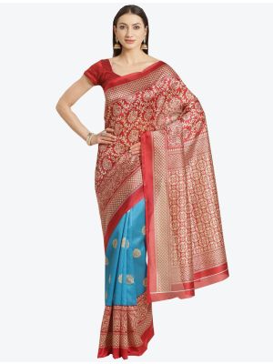 Blue and Red Bhagalpuri Art Silk Designer Saree small FABSA20872